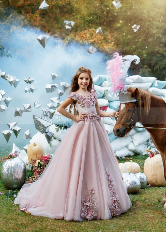 Mauve Pink Lace Tulle Pearl Beaded Flower Girl Dress Party Dress Mauve Pink Lace Tulle Pearl Beaded Flower Girl Dress Party Dress